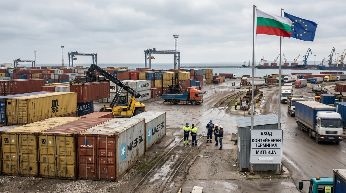 Контейнерен терминал в България с товарни контейнери, камиони и проверка на документи, илюстриращ търговията и вноса и износа