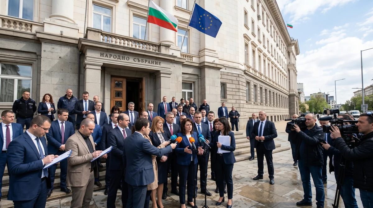 Сградата на Народното събрание в София с български и европейски знамена на фона на политически консултации