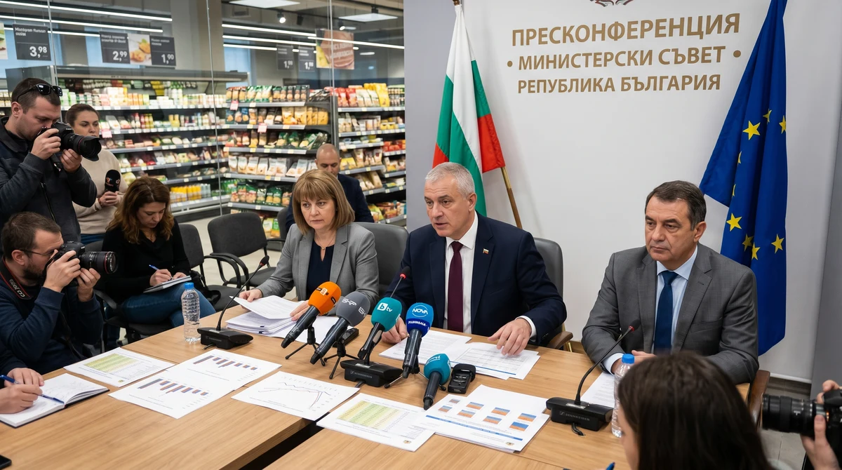 Правителствен брифинг в София за контрол върху цените при въвеждането на еврото, с български и европейски флагове и визуален акцент върху цените в магазин