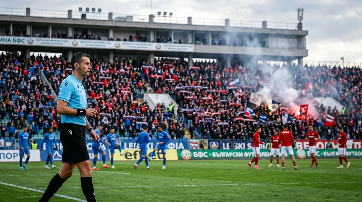 Съдия на футболен терен преди дерби между ЦСКА и Левски на Националния стадион в София