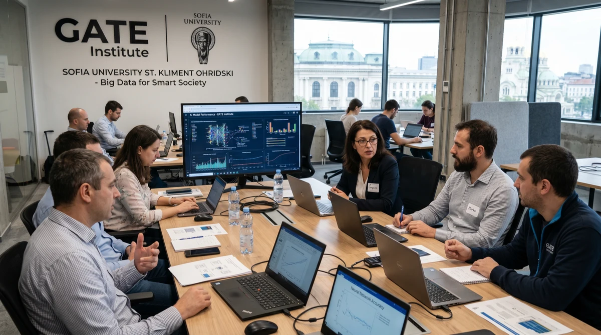 Изследователи и представители на компании в модерна AI лаборатория в София по време на работна среща