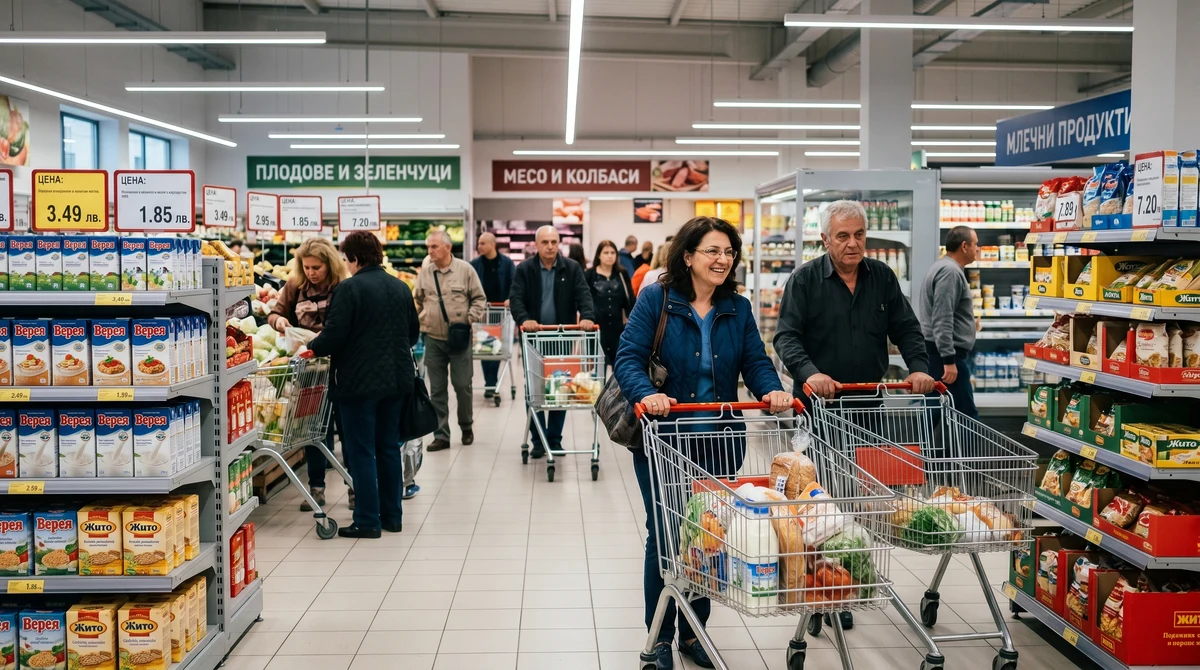 Купувачи пазаруват в модерен супермаркет в България сред щандове с храни и стоки за дома