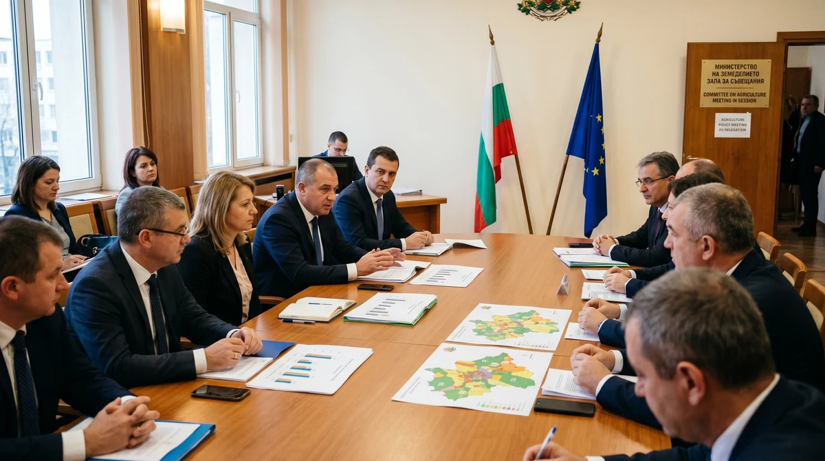 Официална среща по земеделска политика с български и европейски представители, документи и флагове на България и ЕС