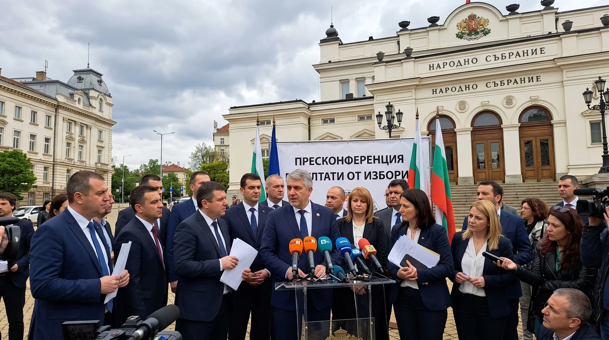 Сграда на Народното събрание в София на фона на политически брифинг след обявяване на изборни резултати