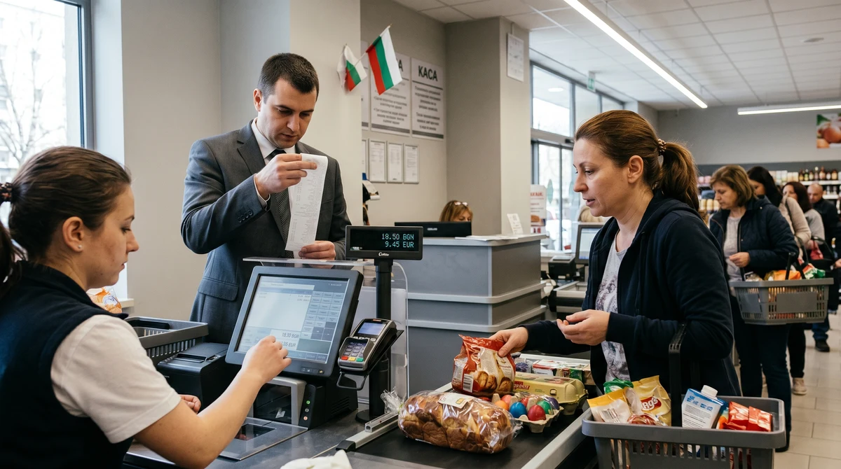 Инспектор проверява касова бележка в супермаркет на фона на щандове с хранителни стоки и касова зона.