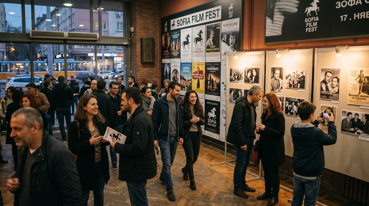 Посетители на културно събитие в София разглеждат изложба с филмови плакати и архивни материали по време на кинофестивал.