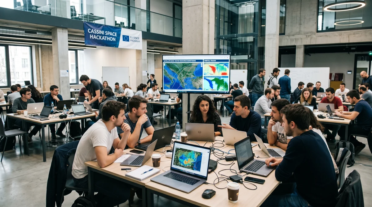 Участници в хакатон в София работят по решения за воден риск със сателитни данни на екрани и лаптопи.