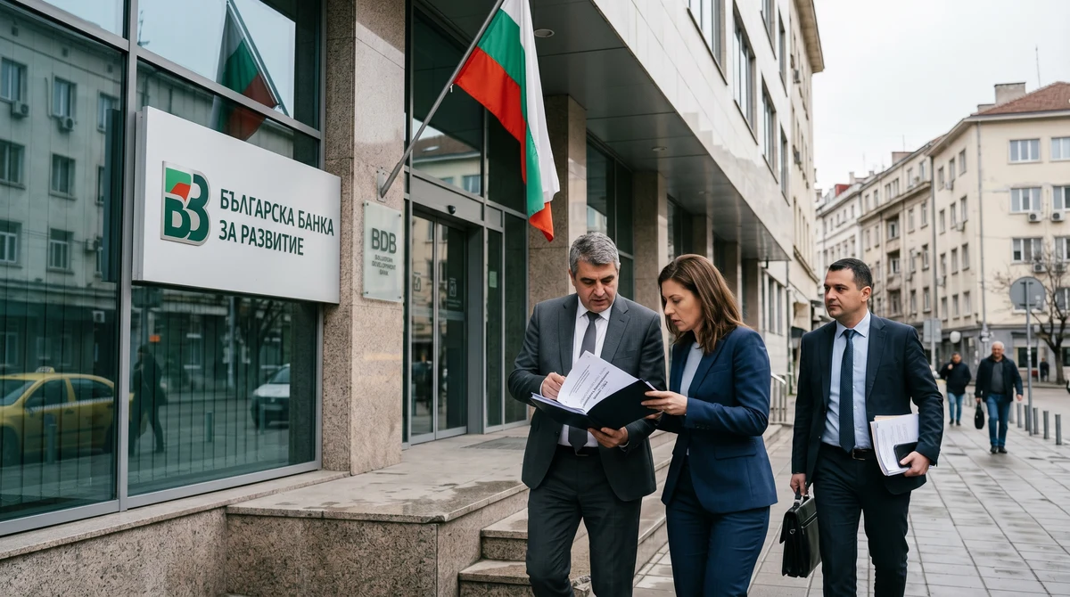 Сграда на Българската банка за развитие и държавни служители, които преглеждат бюджетни документи за общински проекти