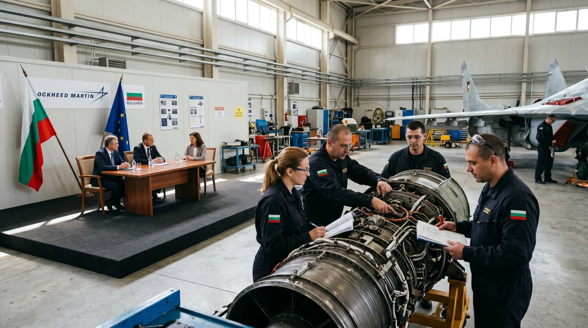 Инженери в българска авиационна база или индустриално предприятие обсъждат поддръжка на компоненти за F-16 и индустриално сътрудничество.