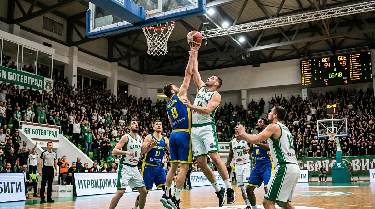 Баскетболен мач в закрита зала с публика, в който Балкан и Ботев Враца се борят за по-добра позиция преди плейофите
