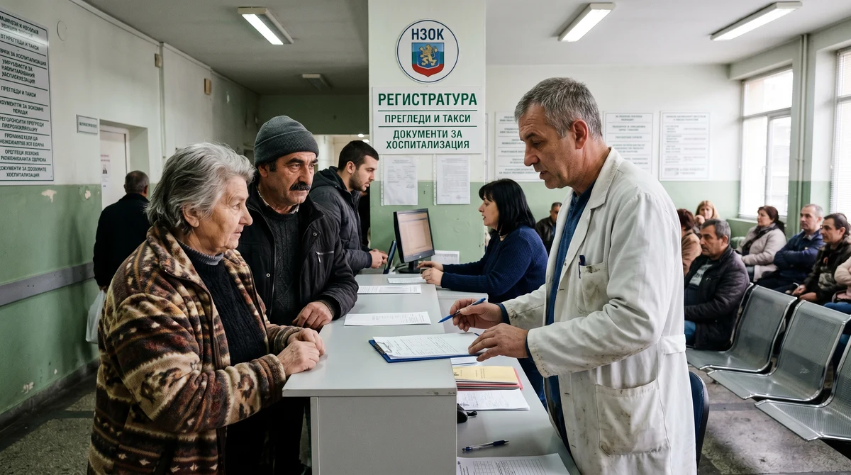 Пациенти чакат пред регистратура в българска клиника, докато лекар преглежда документи за потребителски такси.