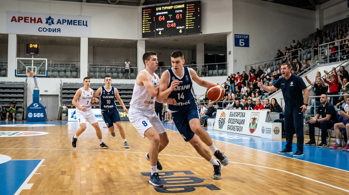 Юношески баскетболен мач в зала в София по време на решаващ баражен турнир за U19 Запад