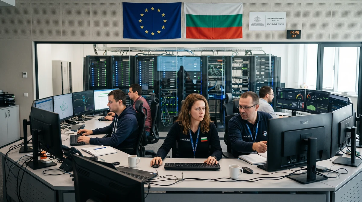 Оперативна зала в европейски държавен център за данни, където екип следи защитена cloud инфраструктура.