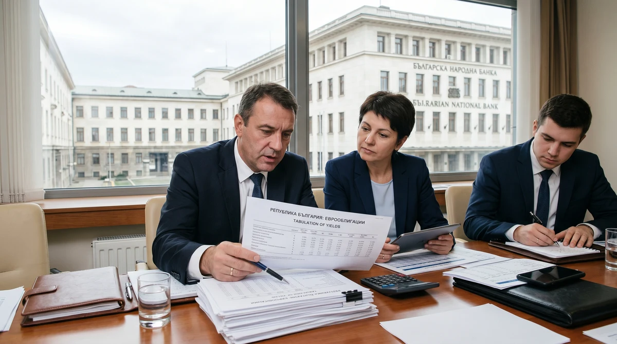 Служители и финансови експерти разглеждат документи за държавни облигации в институционална среда, свързана с дългово финансиране в България.