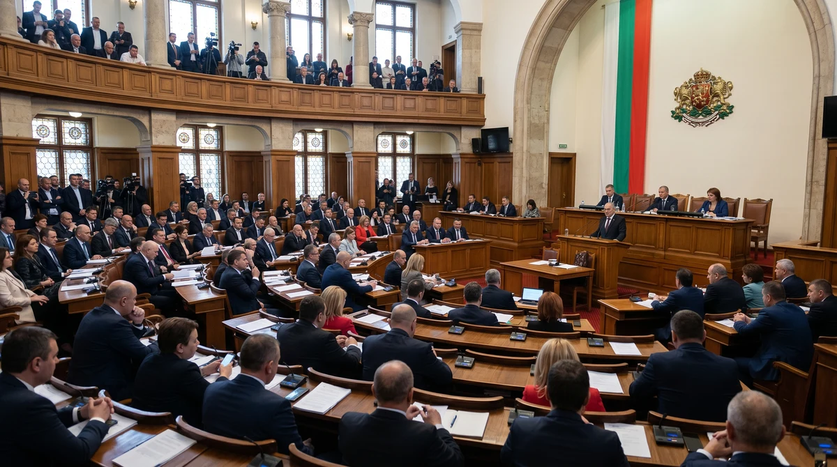 Пленарната зала на българския парламент по време на заседание с депутати по местата им