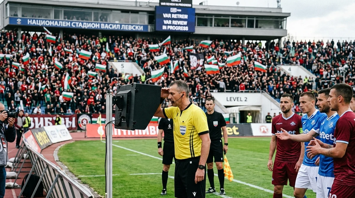 Съдия преглежда ситуация на ВАР по време на футболно дерби на Националния стадион „Васил Левски“ в София