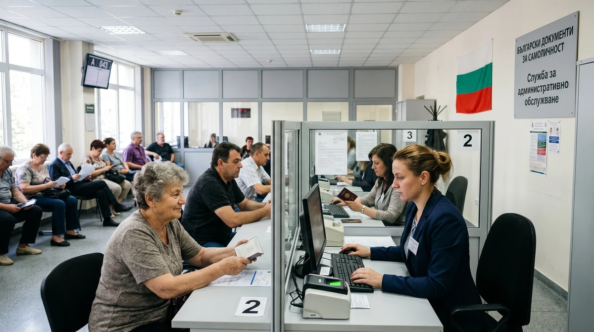 Граждани чакат на гише в българска служба за издаване на лични документи и паспорти.