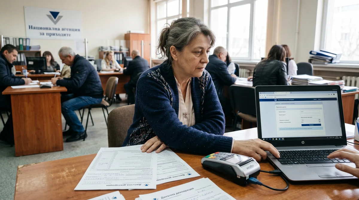 Човек преглежда данъчни документи и плаща задължение онлайн в евро преди крайния срок към НАП.
