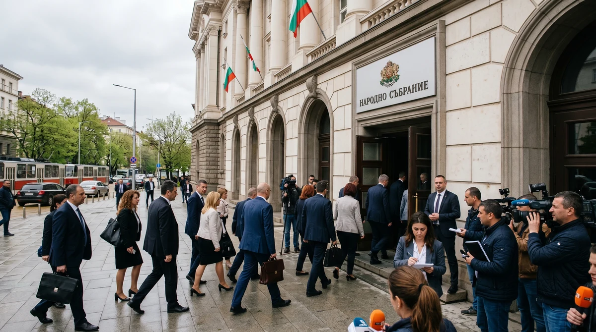 Сградата на Народното събрание в София с влизащи политици и чакащи журналисти преди началото на новия парламент.