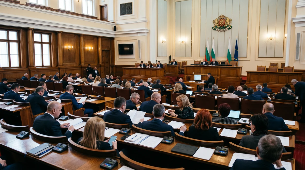 Пленарна зала на българския парламент по време на заседание с депутати и български знамена.