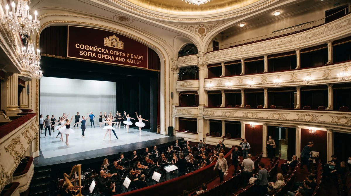 Сцена в Софийската опера по време на репетиция или представление на класически балет пред публика