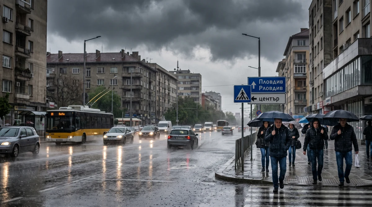 Автомобили и пешеходци в силен пролетен дъжд в България, с мокри пътища и намалена видимост