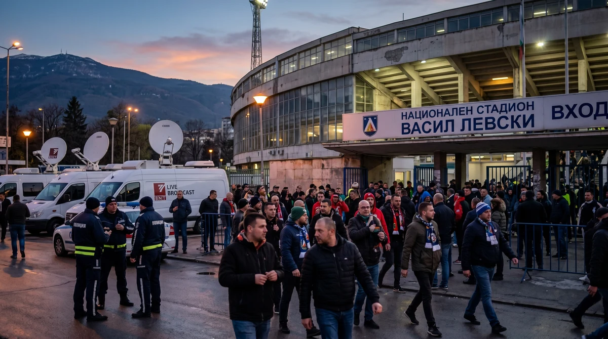 Фенове и охрана пред Националния стадион „Васил Левски“ в София преди мач за Купата на България.