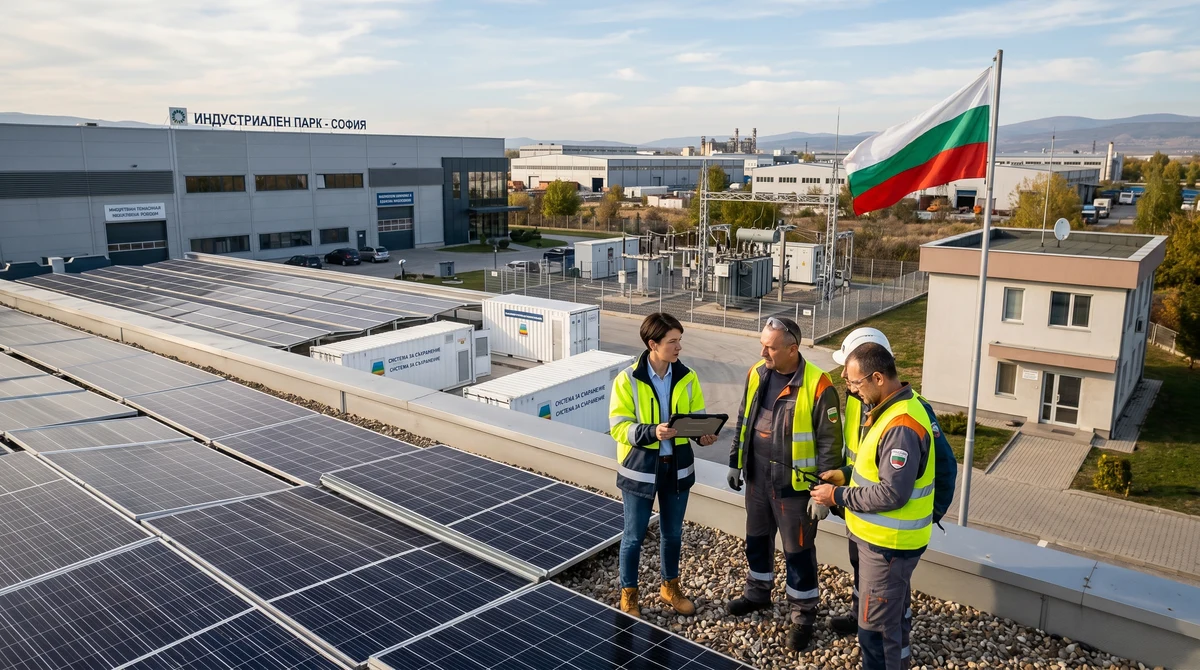 Индустриален парк в България с фотоволтаици на покрив, батерийни контейнери и електрическа подстанция