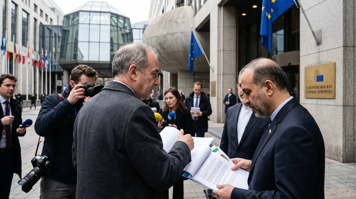 Сграда на институция на ЕС в Брюксел с европейски знамена на фона на решение за санкции срещу Иран.