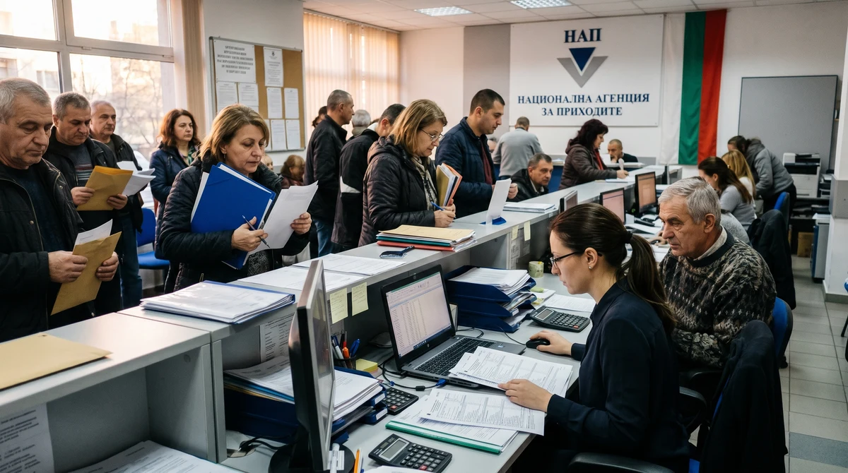 Граждани и счетоводител в офис подготвят данъчни декларации преди крайния срок, с обозначение на НАП
