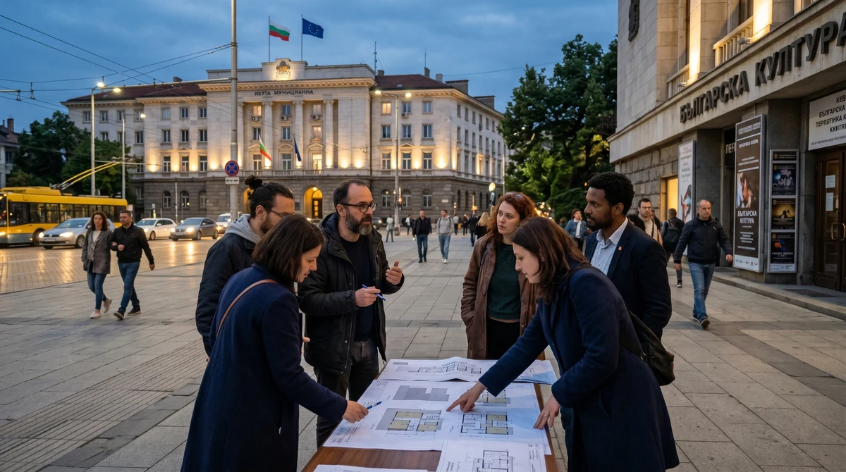 Изглед към центъра на София пред културна сграда, където хора обсъждат кандидатурата на града за Европейска столица на културата 2032.