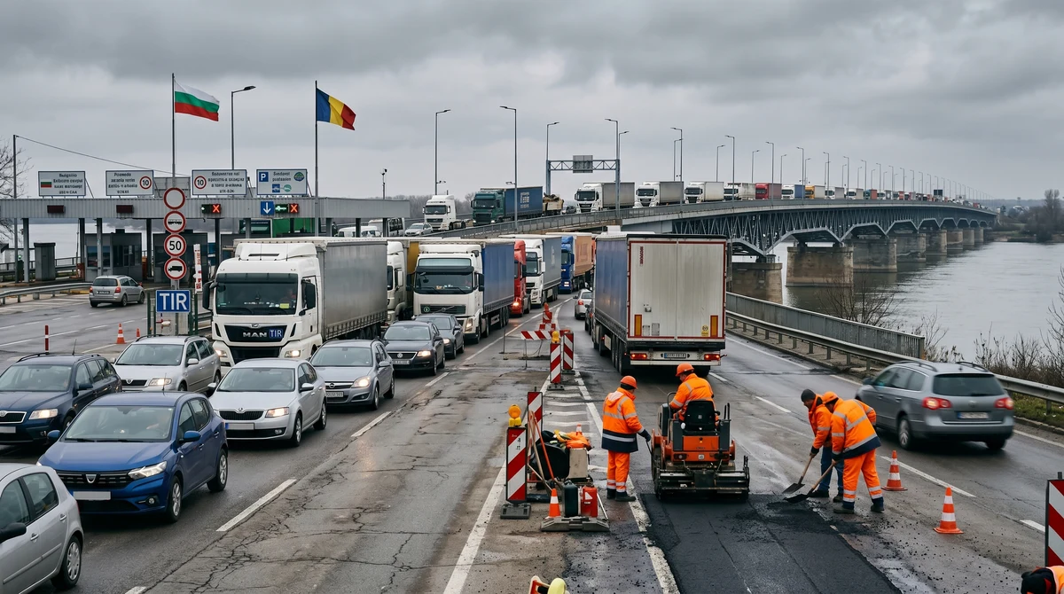 Колони от камиони и автомобили чакат за преминаване по Дунав мост при Русе по време на ремонт и ограничено движение.