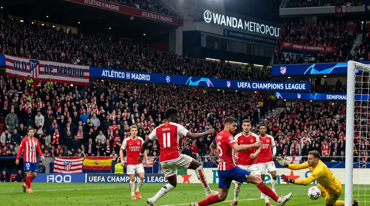 Игрова ситуация пред вратата по време на полуфинал между Атлетико Мадрид и Арсенал на осветен стадион