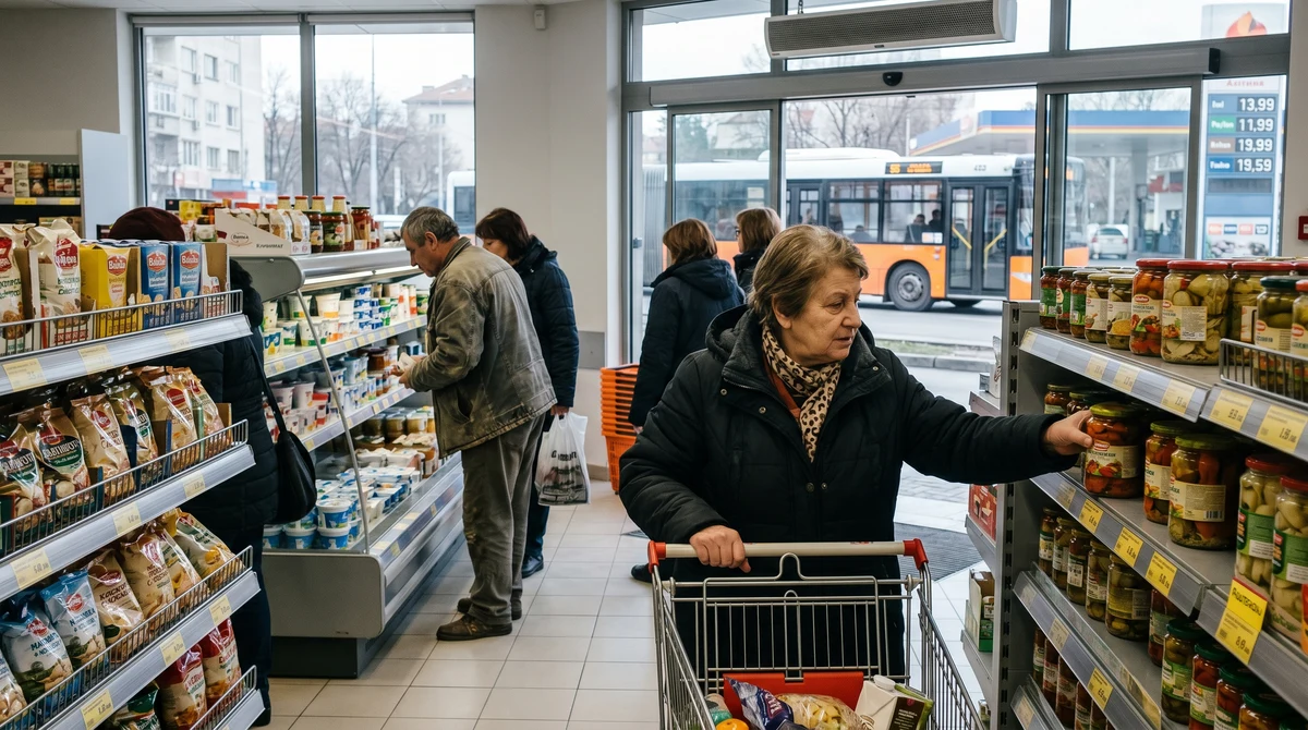 Хора пазаруват в супермаркет, а на заден план се виждат цени на горива и градски транспорт в София.