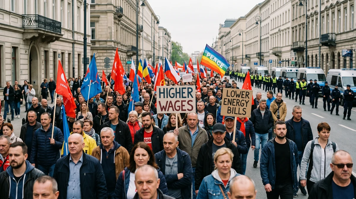 Протест на работници по време на Първи май в европейски град с плакати за по-високи заплати и по-ниски сметки за енергия.