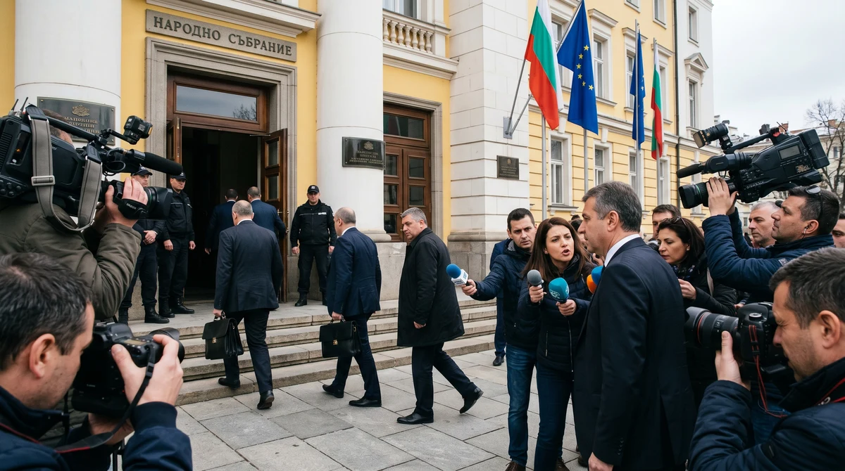Политици и репортери пред сградата на Народното събрание в София на фона на български и европейски знамена.