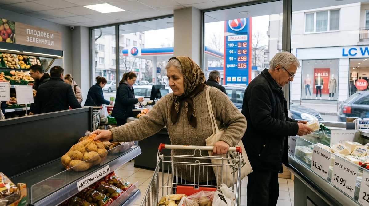 Хора пазаруват в супермаркет в София, на фона на цени на горива и витрина за дрехи, символ на поскъпването на живота.