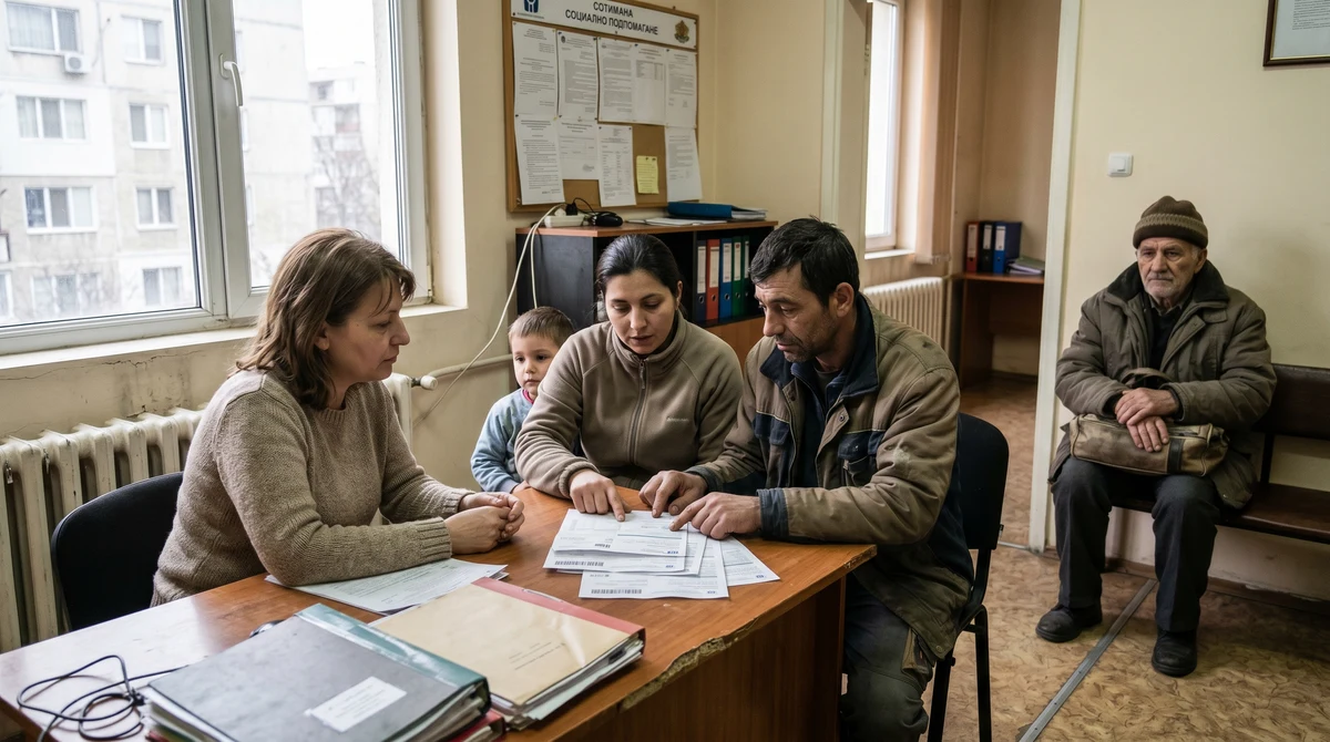 Семейство с ниски доходи преглежда сметки, а възрастен човек чака в офис за социална подкрепа в България.