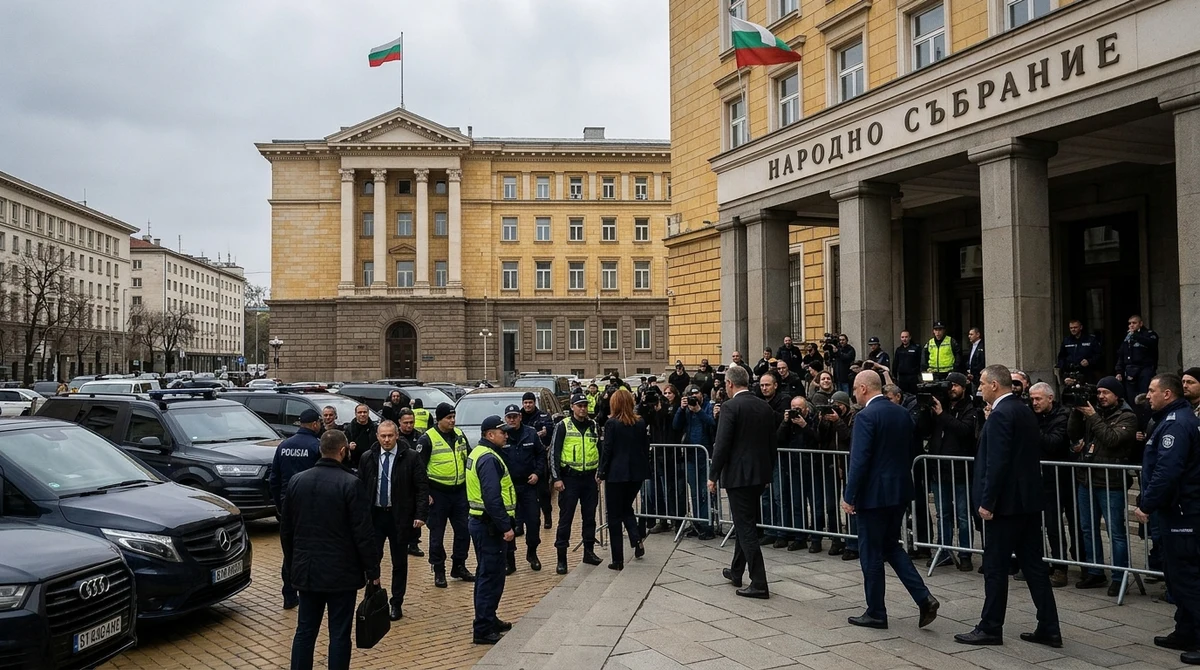 Сграда на Народното събрание в София с охрана, служебни автомобили и засилени мерки за сигурност