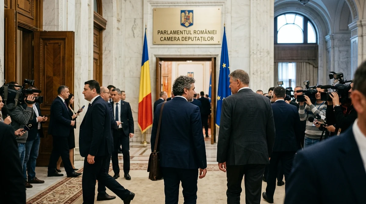 Сградата на румънския парламент в Букурещ на фона на политическа криза и преговори за ново правителство.