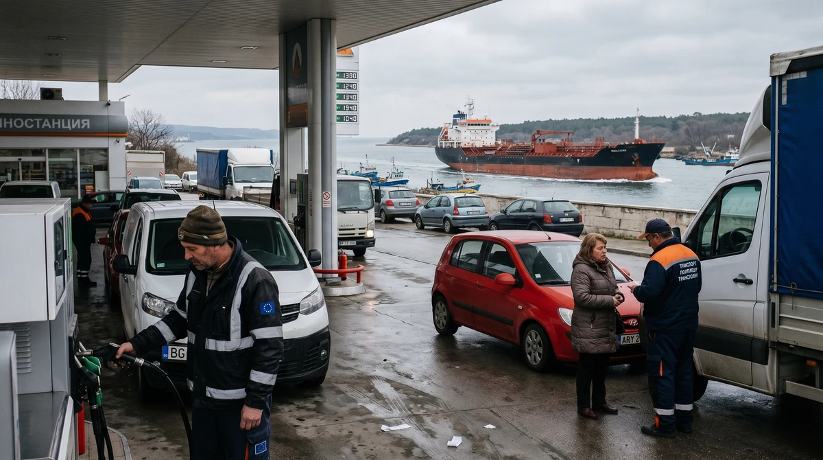 Бензиностанция в България и символичен морски трафик, илюстриращ влиянието на Ормуз върху цените на горивата и транспорта.