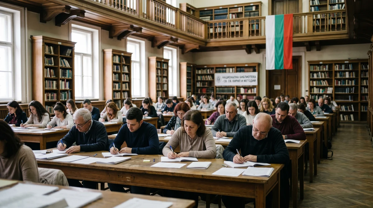 Участници пишат диктовка в читалня на Националната библиотека в София сред книги и българско знаме.