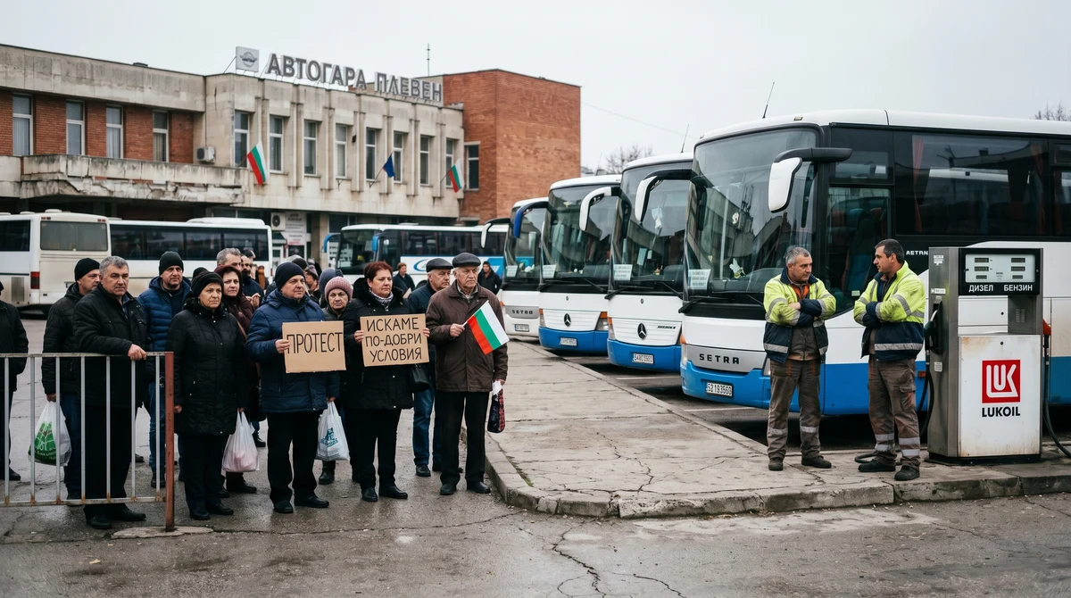 Пътници чакат автобус до автогара, докато превозвачи протестират заради цените на горивата и застраховките.