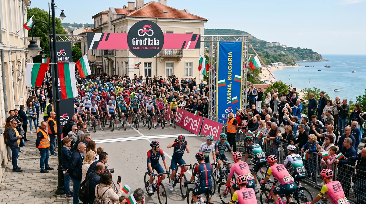 Стартова зона на Giro d’Italia край българското Черноморие с колоездачи, зрители и български знамена.
