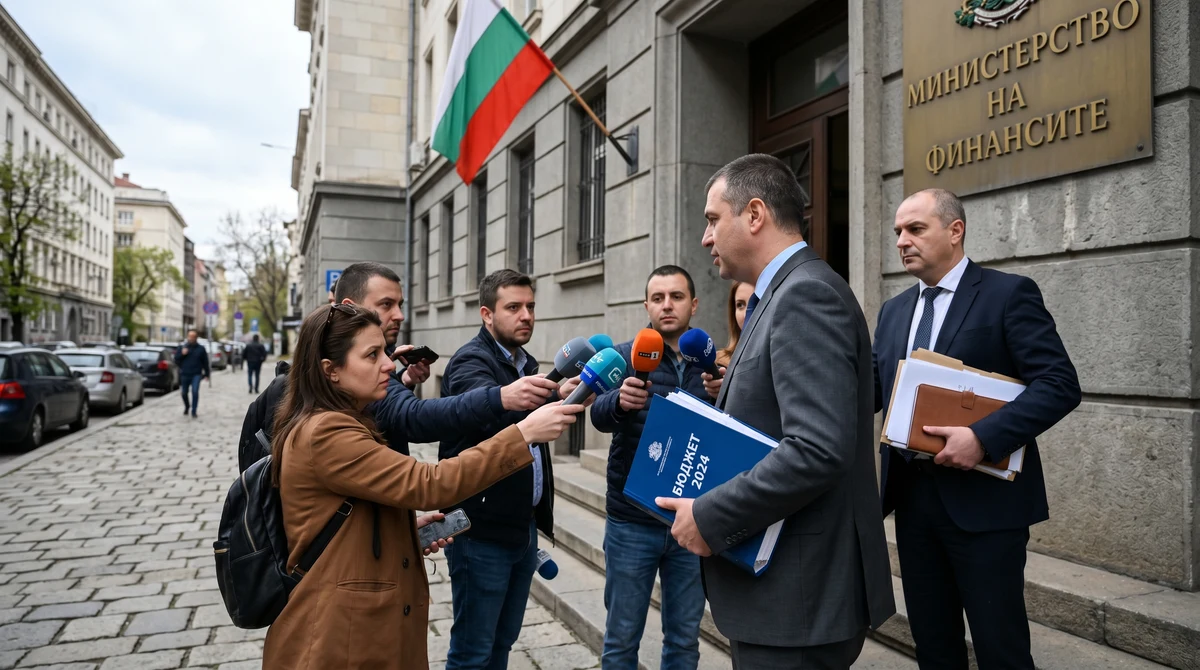 Журналисти и представители на финансовото министерство пред правителствена сграда по време на бюджетен брифинг.