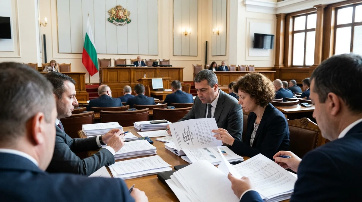 Депутати и финансови експерти обсъждат бюджетни документи в пленарна зала с български флаг.