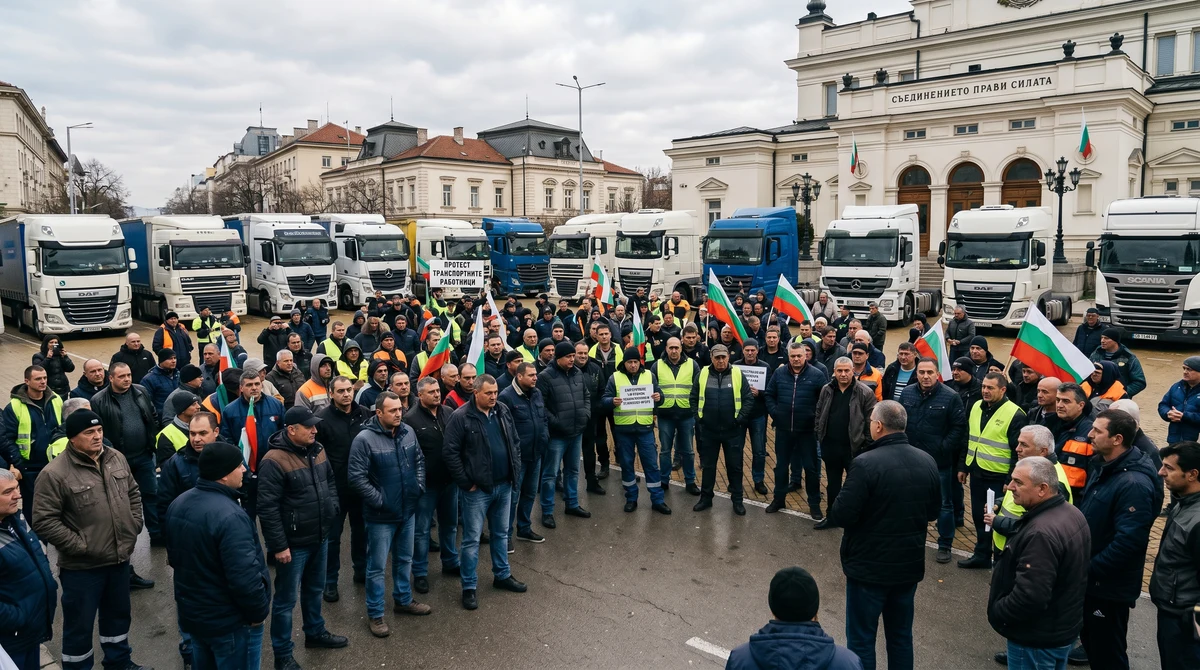 Превозвачи и камиони на протест пред държавна сграда заради цените на горивата и застраховките.
