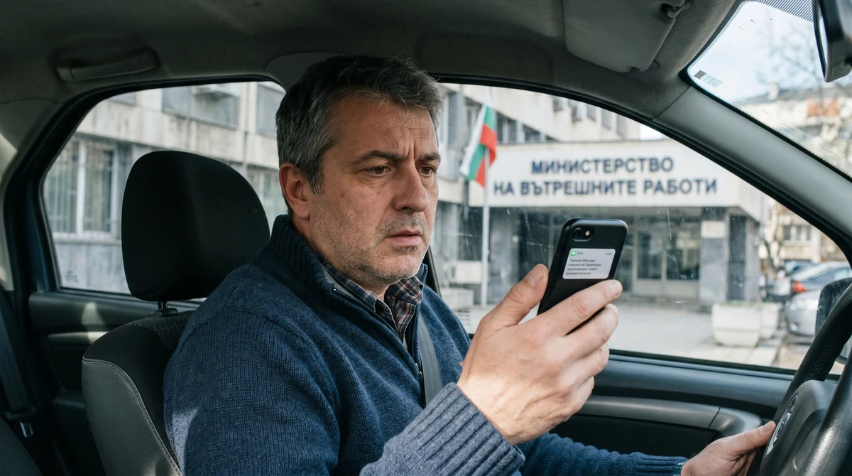 Шофьор проверява съобщение на телефона си в автомобил на фона на полицейска сграда и българско знаме.