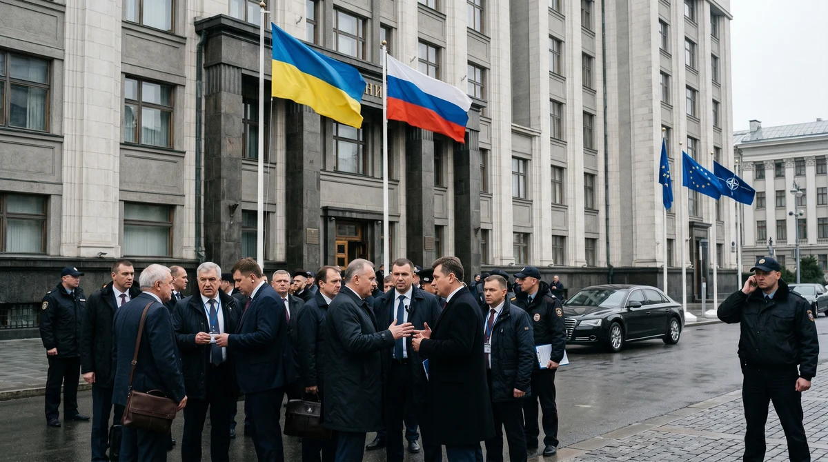 Дипломатическа сцена пред правителствена сграда с украински, руски, европейски и натовски знамена по време на разговори за примирие.