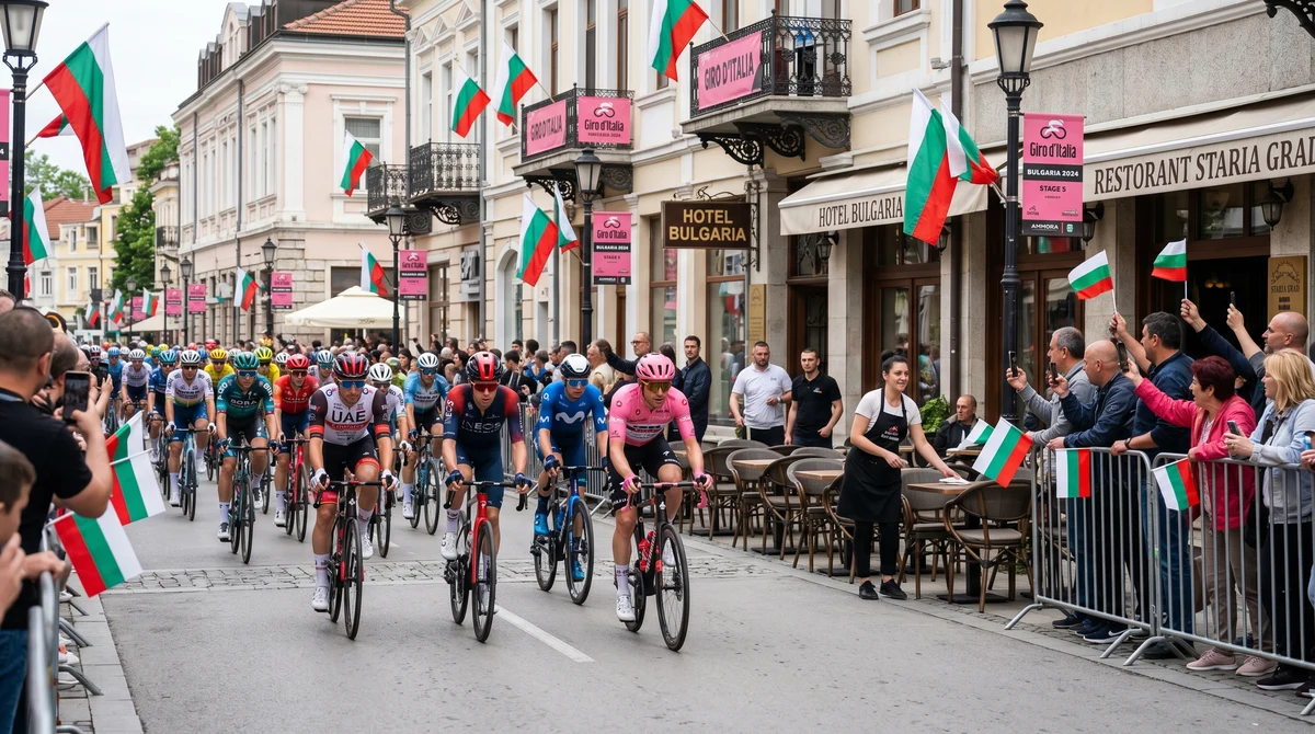 Колоездачи от Giro d’Italia преминават по градска улица в България пред зрители, хотели и ресторанти.